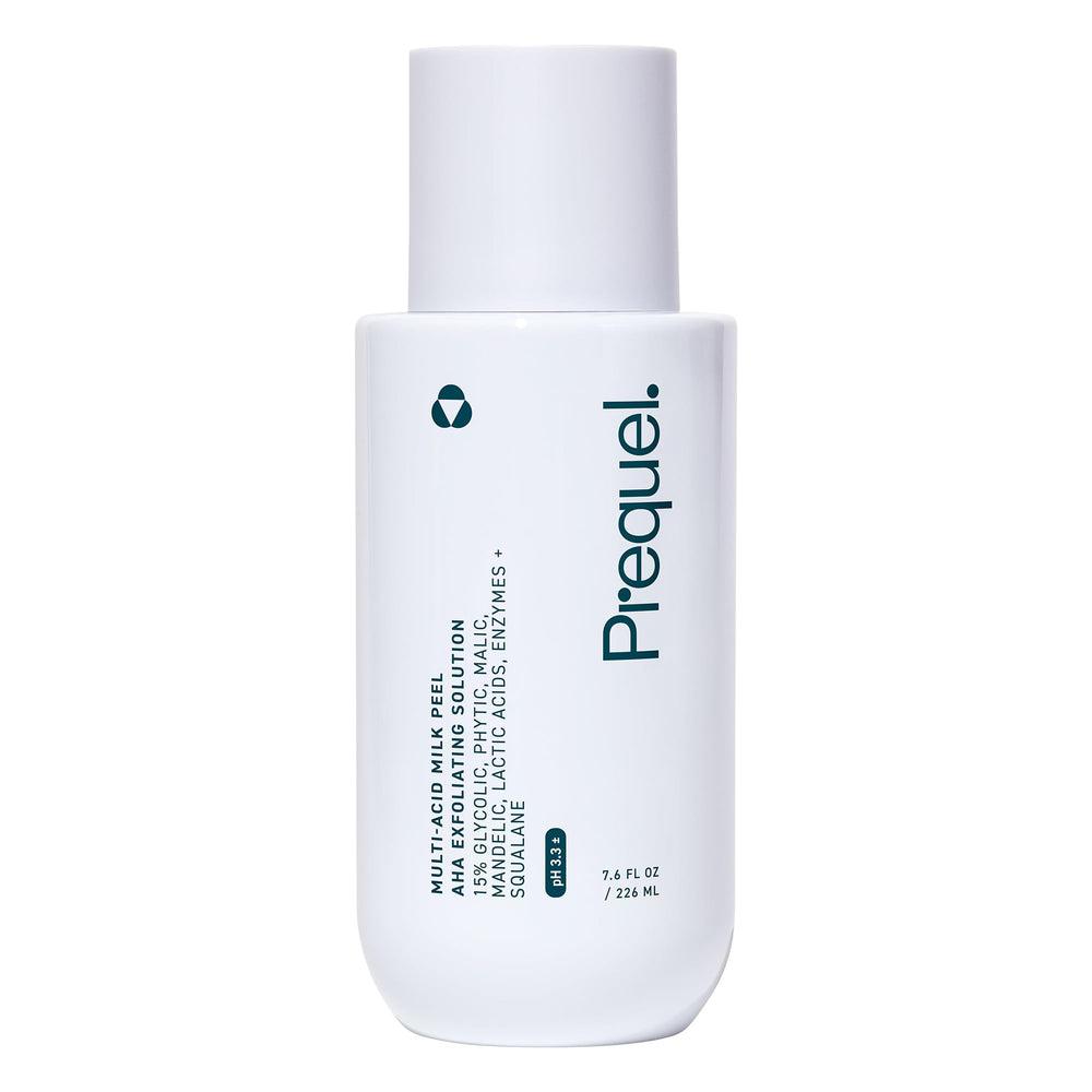 Prequel Skin Multi-Acid Milk Peel bottle closeup highlights a hydrating exfoliant for radiant skin