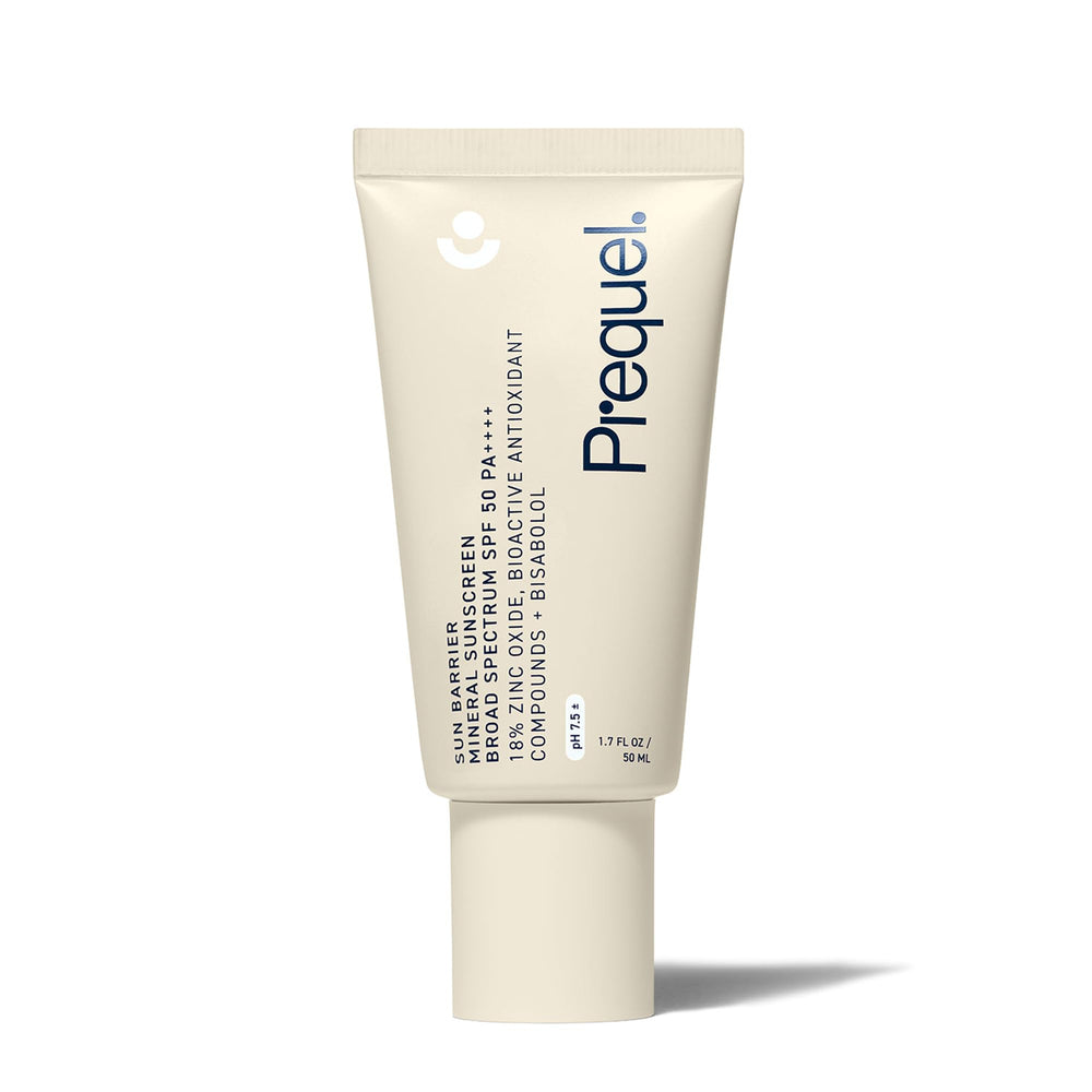 Prequel Skin Sun Barrier SPF50 bottle close-up shows mineral protection for daily use