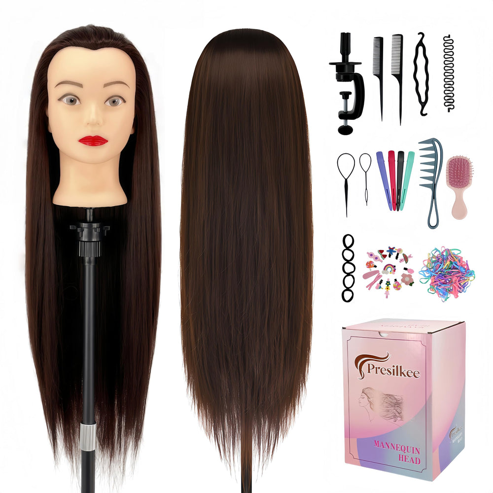 Presilkee 28-inch mannequin head with hair for braiding practice.