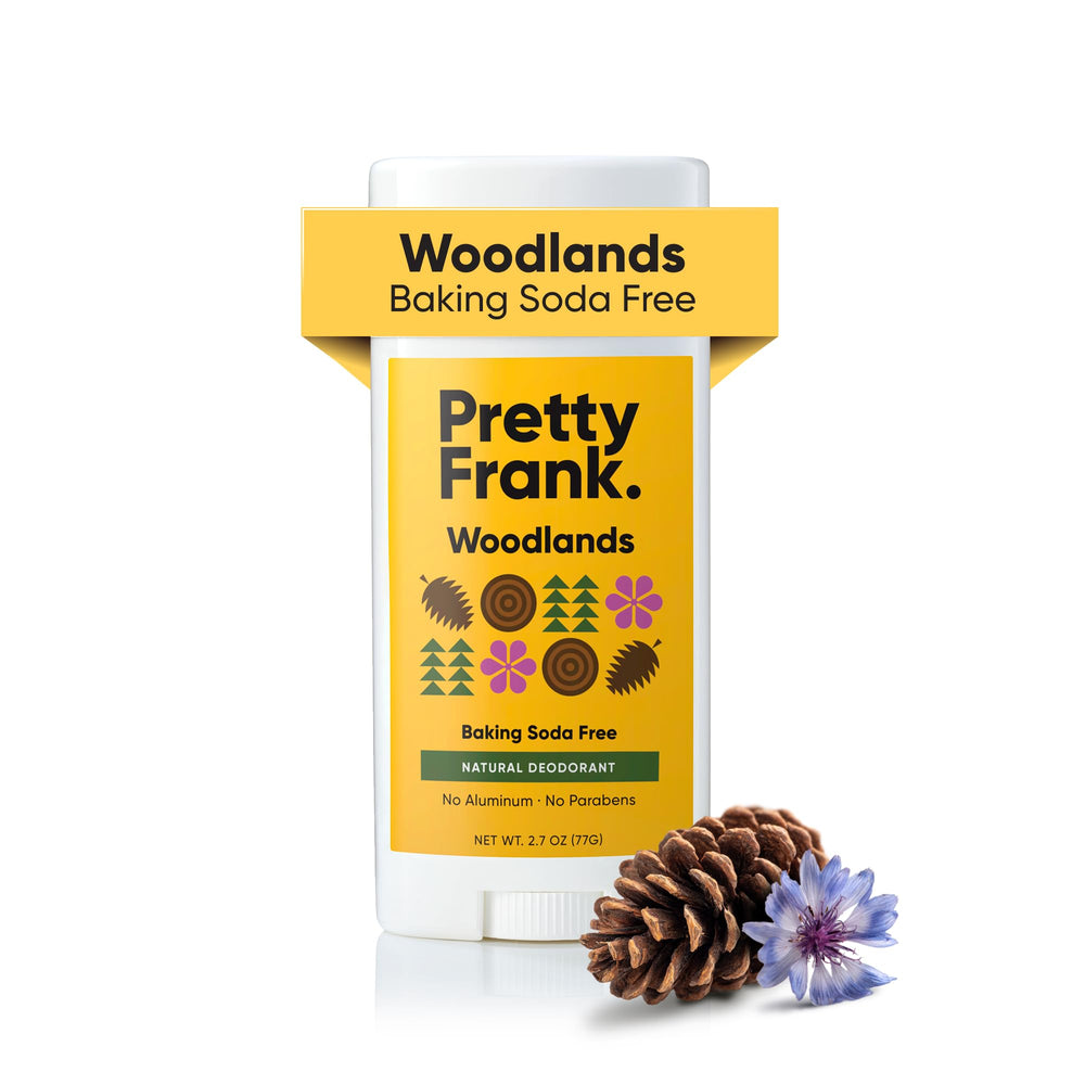 Pretty Frank Woodlands deodorant-stick shows natural zinc and magnesium for odor control.
