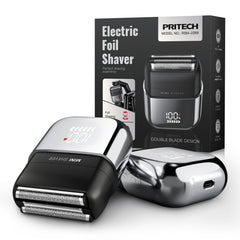 PRITECH electric foil shaver front view showing three blades for a close shave