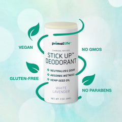 Primal Life Organics Stick Up cardboard tube packaging highlights eco-friendly design.