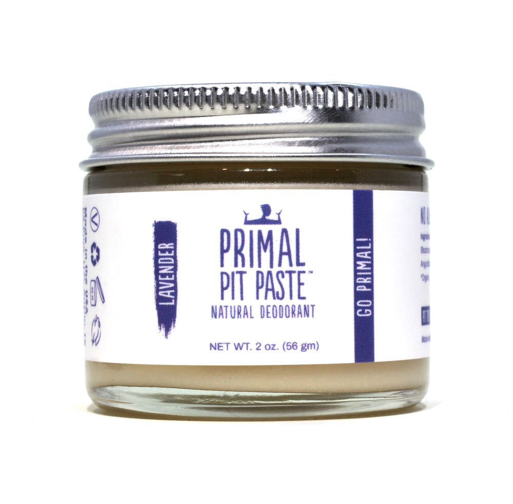 Primal Pit Paste lavender deodorant bottle offers all-day odor control with a calming scent.