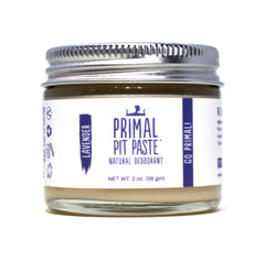 Primal Pit Paste lavender deodorant bottle offers all-day odor control with a calming scent.