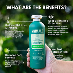 PRIMALS shampoo pour close-up highlighting formula for scalp health