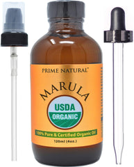 PRIME NATURAL Marula Oil bottle in amber glass for pure organic skin hydration.