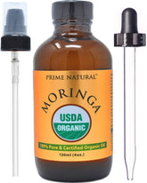 Prime Natural Moringa Oil bottle pour shows a lightweight, hydrating skincare moment.