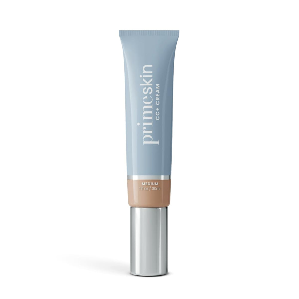 Prime Prometics PrimeSkin CC+ Cream bottle pour showing lightweight coverage for mature skin.