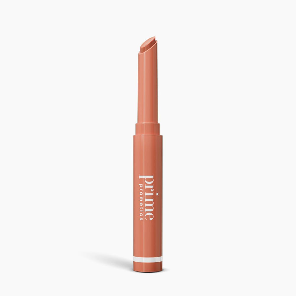 PrimePrometics PrimeLip tube closeup showing buildable color and nourishing shine.