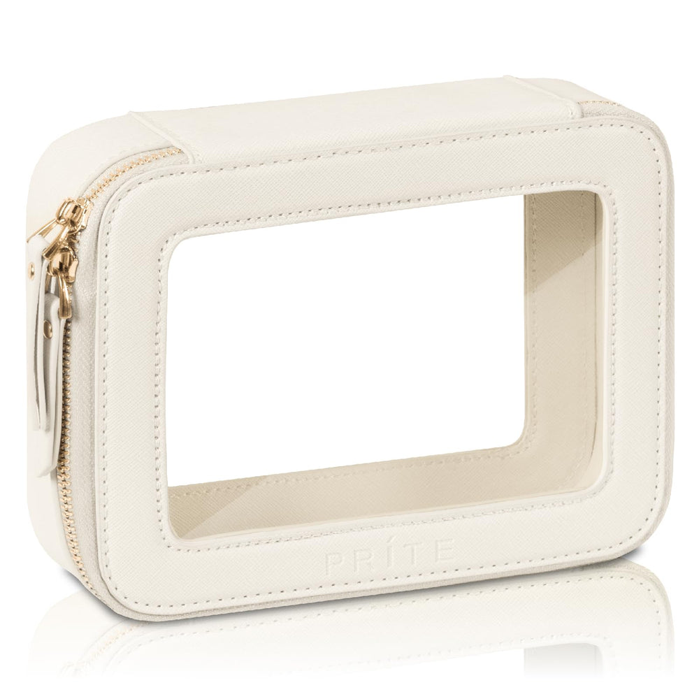 Prite clear makeup bag with waterproof beige exterior for travel organization.