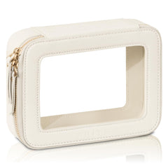 Prite clear makeup bag with waterproof beige exterior for travel organization.