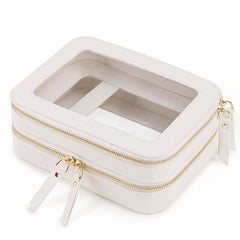 Prite double-layer makeup bag in beige with gold zipper for organized travel cosmetics.