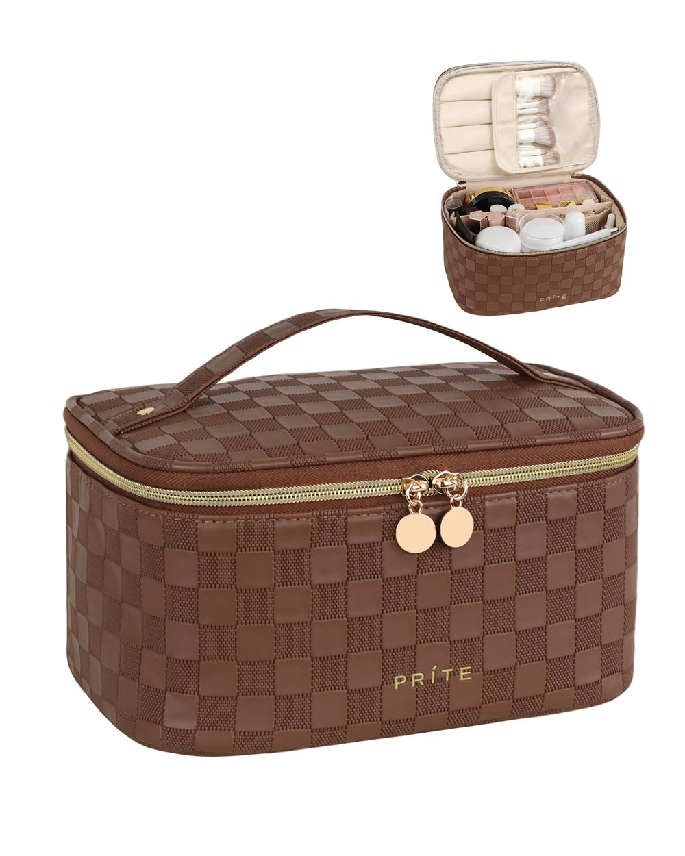 Prite makeup bag checkered brown front view, waterproof vegan leather for travel