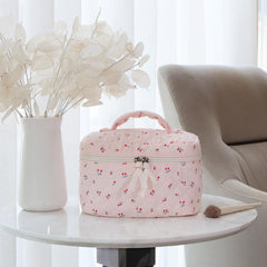 Prite makeup bag featuring floral Coquette design, ideal for daily cosmetics.