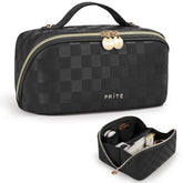 Prite makeup bag front view in plaid black for travel-ready organization