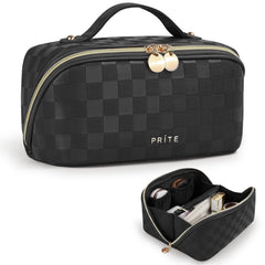 Prite makeup bag front view in plaid black for travel-ready organization