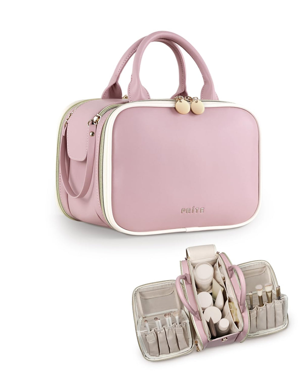 Prite makeup bag pink large open-flat top for effortless packing.