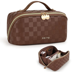 Prite plaid brown makeup bag with open-flat design and organized compartments.