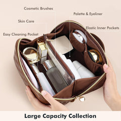 Prite vegan leather makeup bag shows water-resistant surface for quick cleanup.