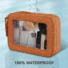 Prite transparent panel on makeup bag enables quick access to items.