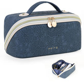 Prite travel cosmetic bag blue flower front view showing organized makeup on trips