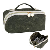 Prite travel cosmetic bag open showing three compartments for quick access and smart organization.