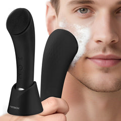 PRITECH facial cleansing brush in foreground for deep cleansing at home