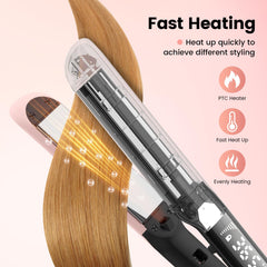 PRITECH flat iron 2-in-1 styling demonstrates straight and curl versatility