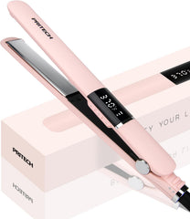 PRITECH Flat Iron pink angled-handle for versatile styling at home or on the go.