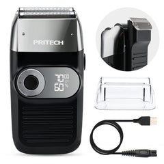 PRITECH foil and bald shaver close-up with precise blades for a close, comfortable shave.