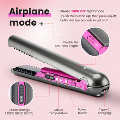 PRITECH mini hair straightener with comb teeth for detangling and smoothing fine hair.