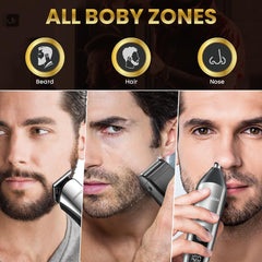 PRITECH nose trimmer attachment close-up shows safe, comfortable grooming.