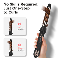 Prizm rotating curling iron LCD display shows precise heat for customized styling.