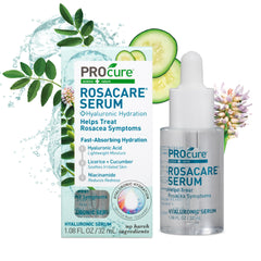 PROcure Rosacare Serum bottle close-up shows rosacea-friendly hydration and calm skin feel