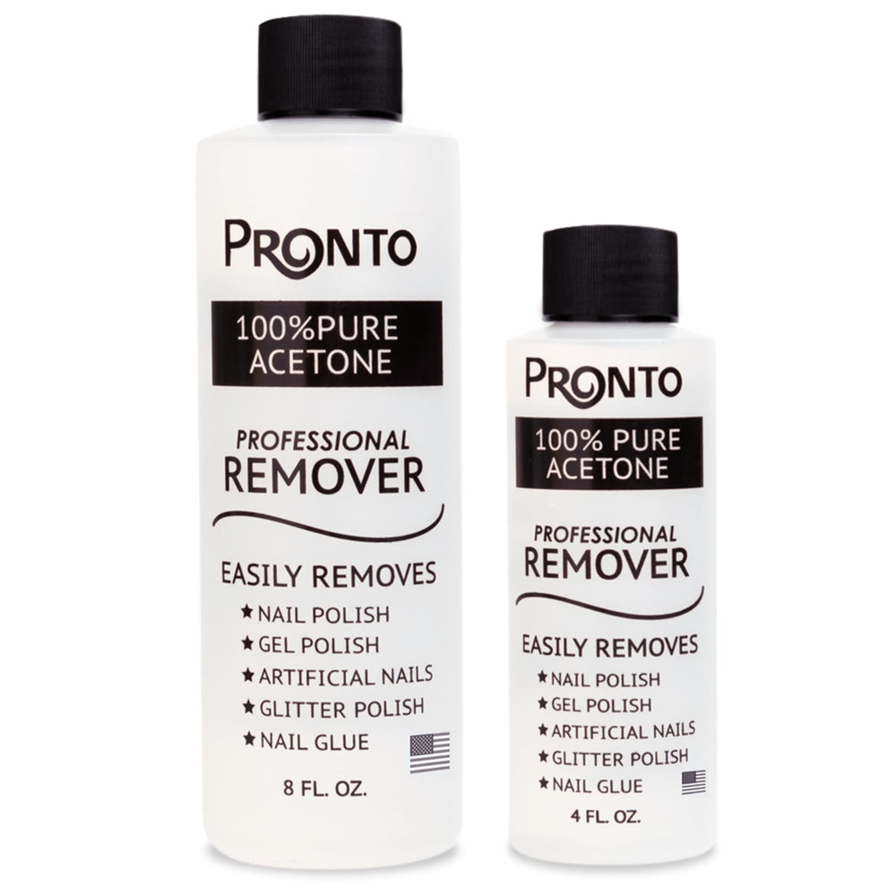 Pronto 100 percent acetone gel remover bottle for fast polish removal and salon-like results.
