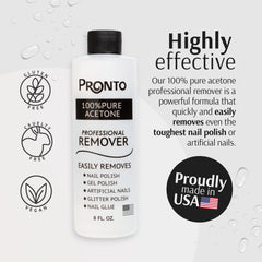 Pronto travel-size acetone remover bottle enables on-the-go polish removal.