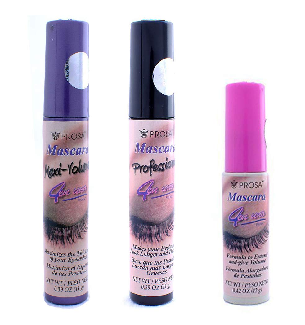 Prosa profesonal maxi volume mascara 4in1 bottle closeup shows bold black formula for longer, fuller lashes
