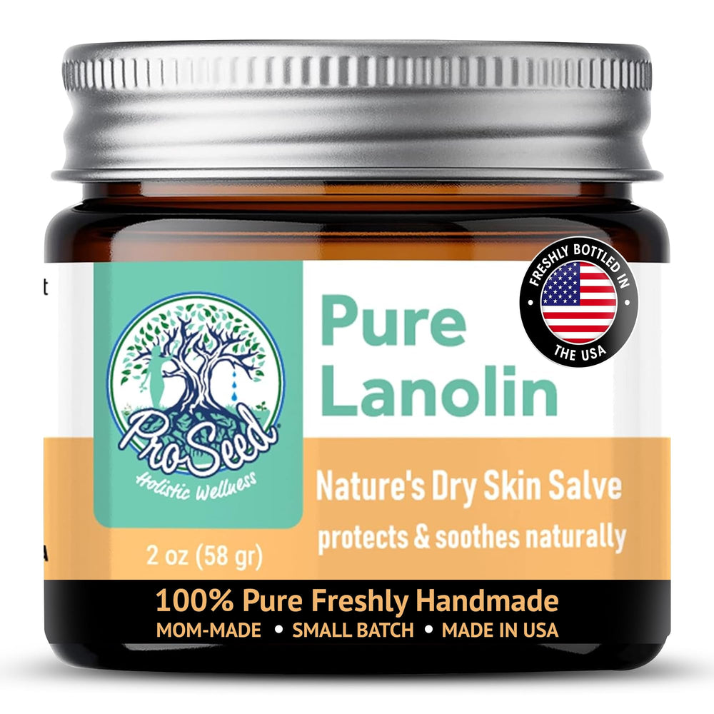 ProSeed Holistic Wellness lanolin balm glass jar closeup for deep moisture.