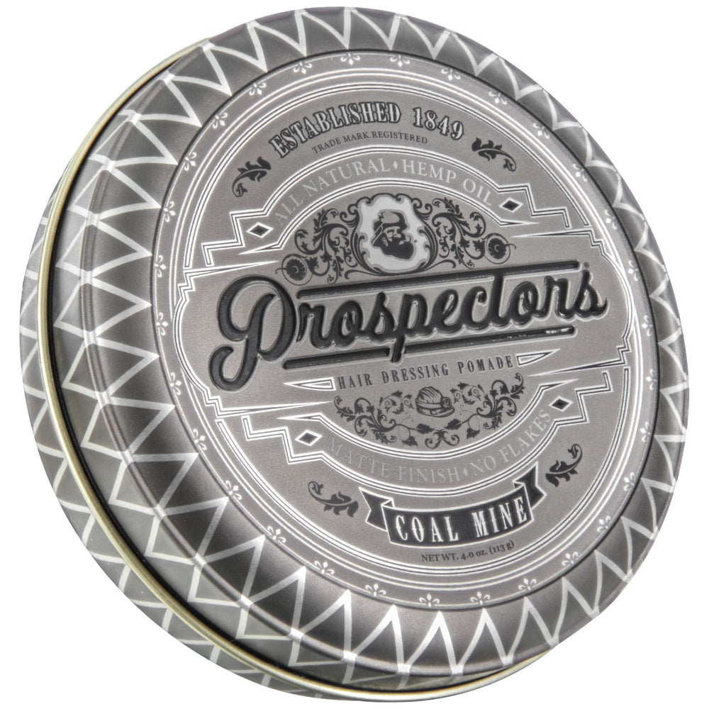 Prospectors Pomade Coal Mine jar demonstrates matte finish for a natural, casual look.