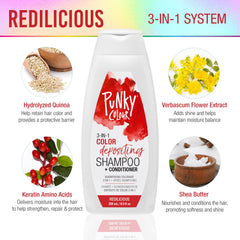 Punky Colour 3-in-1 Redilicious ingredient blend highlights keratin amino acids and quinoa for hair strength.
