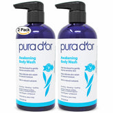 PURA D'OR Awakening Body Wash bottle pour promotes a refreshing cleanse for soft skin.
