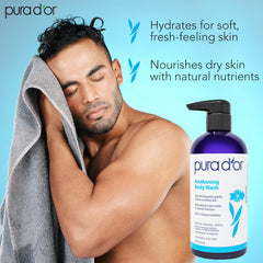 PURA D'OR Awakening Body Wash foamy lather delivers gentle hydration for all skin types.