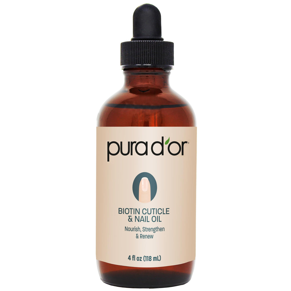 PURA D'OR Biotin Cuticle Nail Oil bottle shows a nourishing formula for stronger nail growth