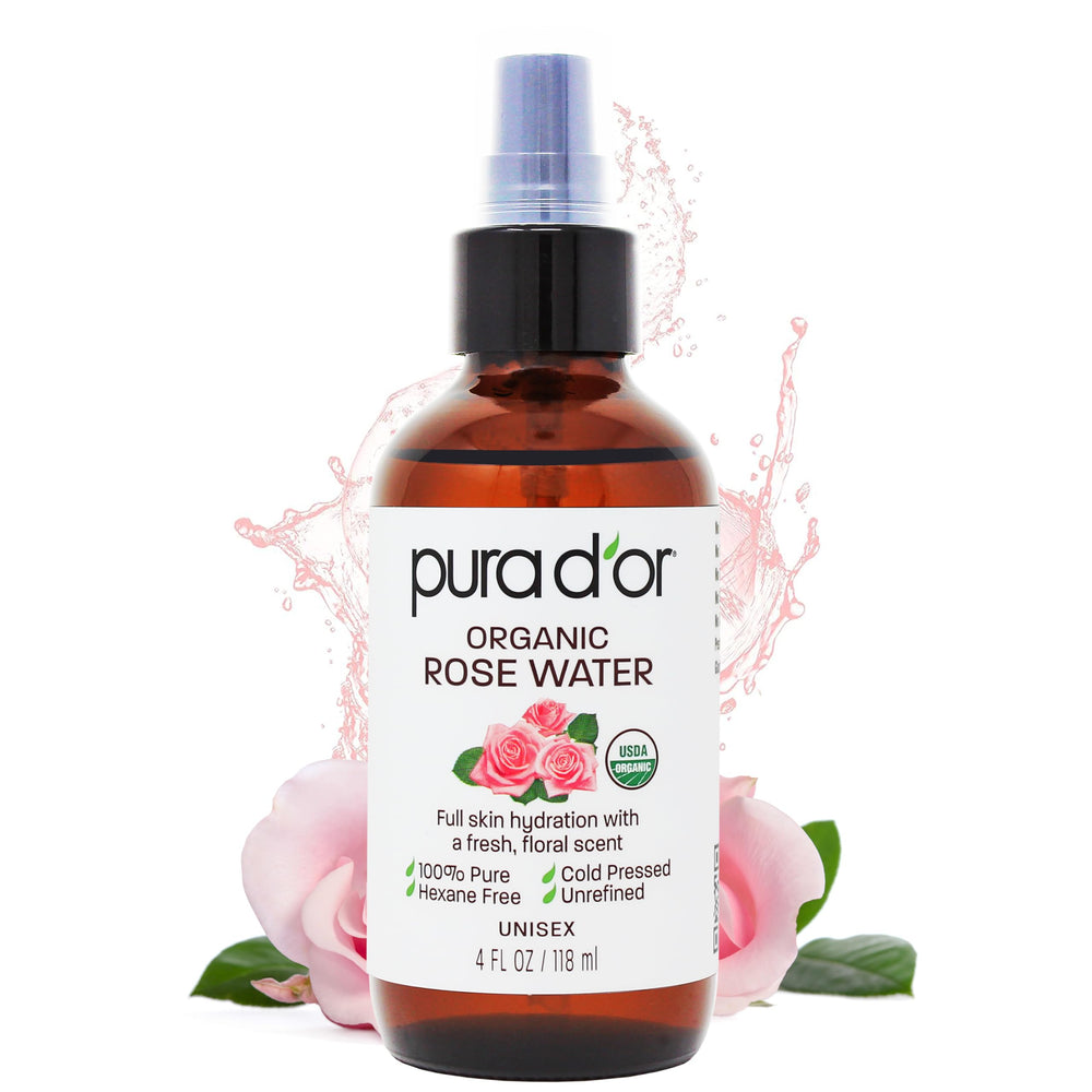 PURA D'OR rose water toner bottle for gentle hydration and balanced skin.