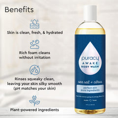 Puracy Body Wash bottle back view with usage and ingredient details.
