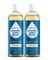 Puracy body wash bottle closeup showing gentle plant-based formula for sensitive skin.