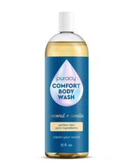 Puracy body wash bottle closeup highlighting natural ingredients for gentle cleansing and moisture.