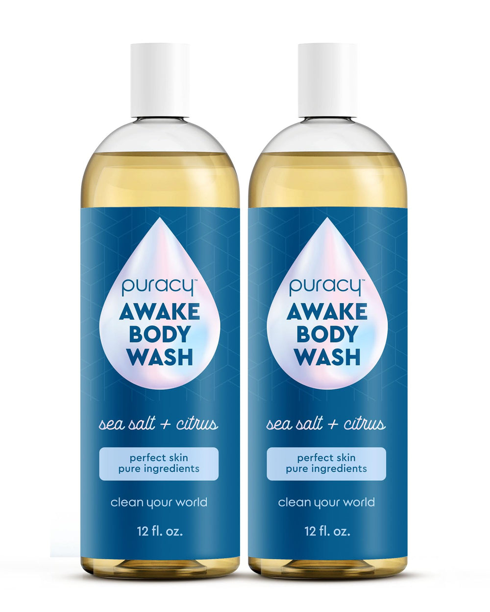 Puracy Body Wash bottle front view, two-pack, gentle cleanse for dry, sensitive skin.