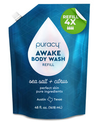 Puracy body wash refill bottle shows clean label for gentle everyday cleansing.