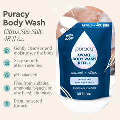 Puracy body wash refill label-front highlight premium plant-powered ingredients for sensitive skin.